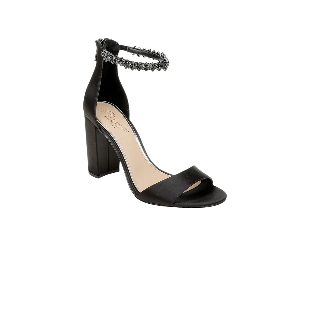 Jewel Badgley Mischka Black Satin Crystal Ankle Strap Block Heel Sandals 11 NWOB